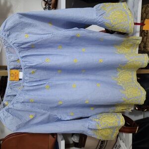 Johnny Was Blue and Yellow Smocked Ruffled Blouse